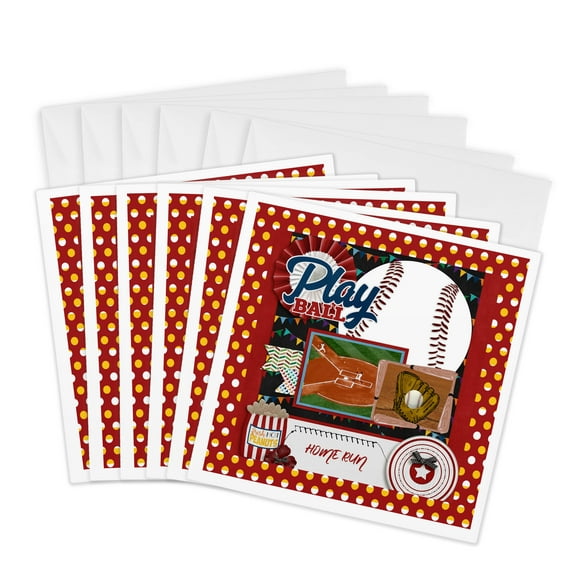 3drose, Image of Baseball, Home Run, Play Ball, Feild, Players, Peanuts, Glove, 6 Greeting Cards with Envelopes