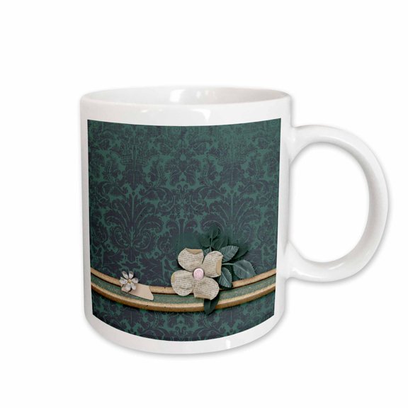 3drose, Image of Beautiful Dark on Aqua Green Damask Design, Off White Flowers, 15oz Mug