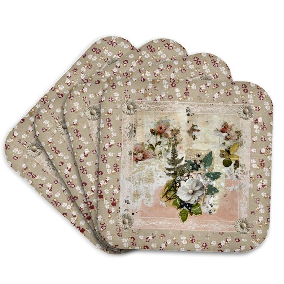 3drose, Image of Beautiful Vintage Flora Abstract, Sepia, Pink, Maroon, Set of 4 Coasters - Soft