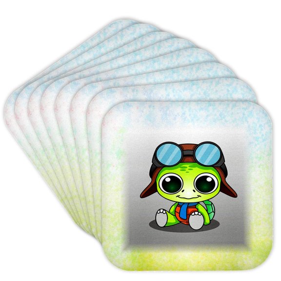 3drose, Image of Big Eyed Frog with Hat and Goggles Painted Impressionism, Set of 8 Coasters - Cork