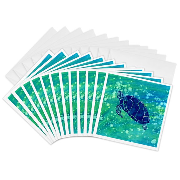 3drose, Image of Blue Turtle Swimming on Watercolor Background, 12 Greeting Cards with Envelopes