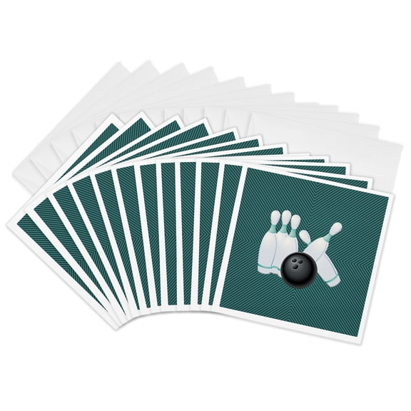 3drose, Image of Bowling Ball Striking Pins, Line Aqua Design, 12 Greeting Cards with Envelopes