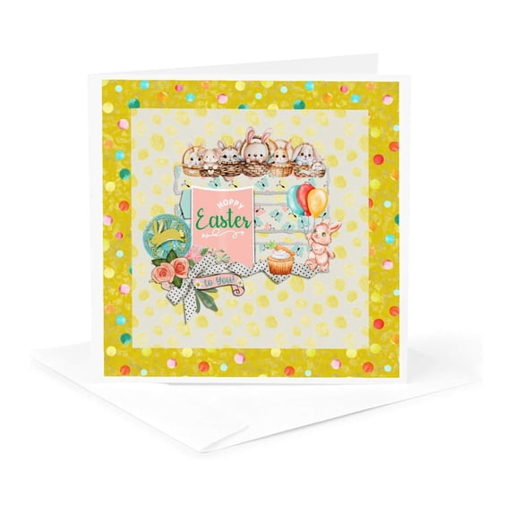 3drose, Image of Bunnies in a Row, Jumping and Holding Ballon, Happy Easter, 1 Greeting Card with Envelope