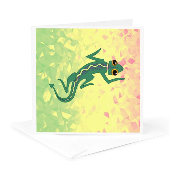 3drose, Image of Cartoon Green Gecko on Green Yellow Watercolor, 1 Greeting Card with Envelope
