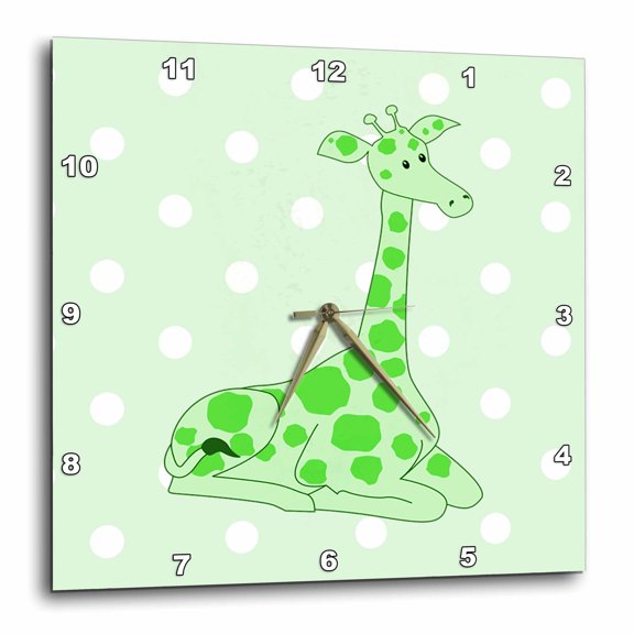 3drose, Image of Cartoon Green Giraffe on Pale Green Dots, 15x15 Wall Clock