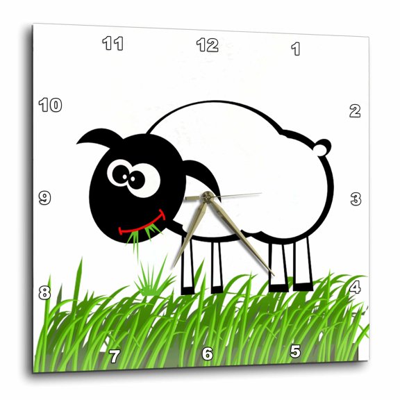 3drose, Image of Cartoon Sheep Eating Grass, 13x13 Wall Clock