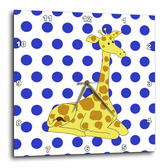 3drose, Image of Cartoon Yellow Giraffe on Blue Dots, 13x13 Wall Clock