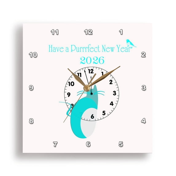 3drose, Image of Cat on Clock Says Happy New Year, 10x10 Wall Clock