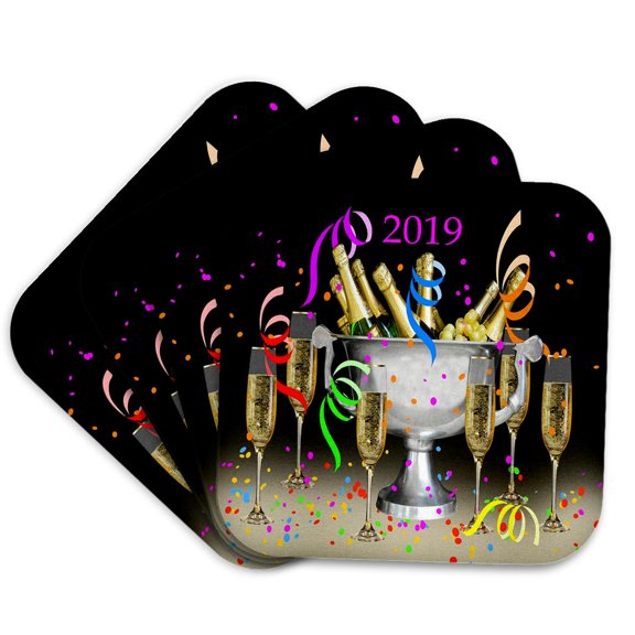3drose, Image of Champagne Bucket and Glasses and Ribbons with 2019, Set of 4 Coasters - Soft