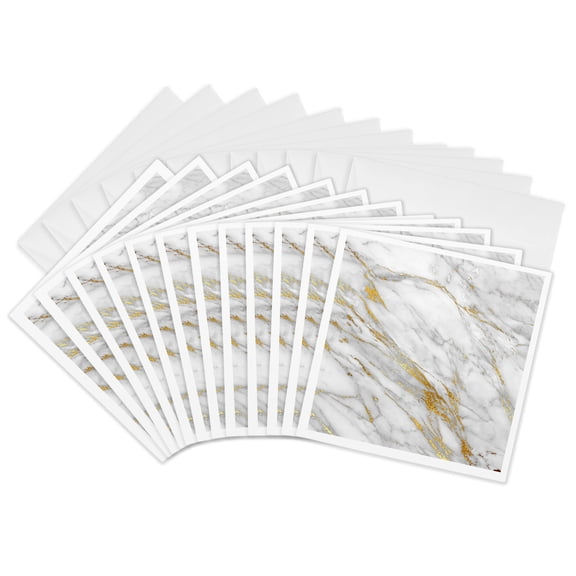 3drose, Image of Chic Trendy Gold Glitter Veins Marble Agate Gemstone Quartz, 12 Greeting Cards with Envelopes