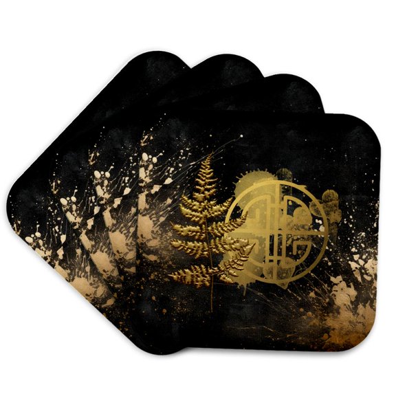 3drose, Image of China Symbol Chinese Characters Luck Blessing Leaves Gold, Set of 4 Coasters - Cork
