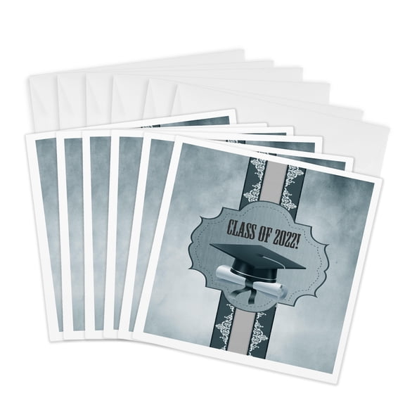 3drose, Image of Class of 2022, Graduation Cap, Diploma, Tag, Ribbon, Blue, 6 Greeting Cards with Envelopes