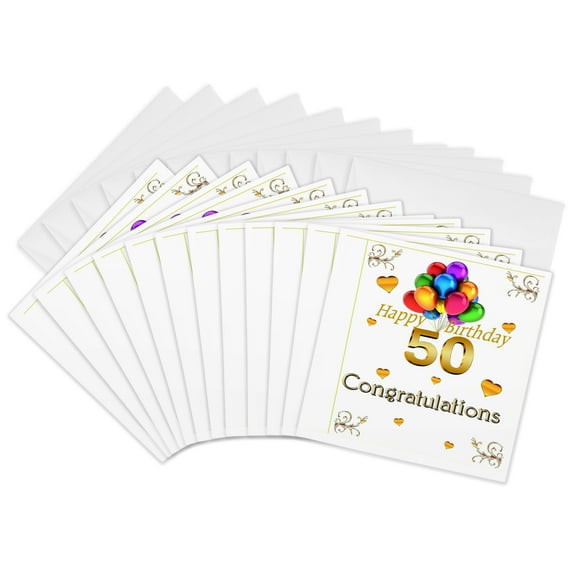 3drose, Image of Congrats 50 Birthday Gold Hearts Neon Balloons, 12 Greeting Cards with Envelopes