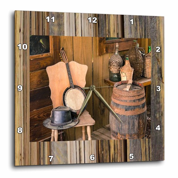 3drose, Image of Cowboy Hat and Banjo Sit on Weathered Wood, 10x10 Wall Clock
