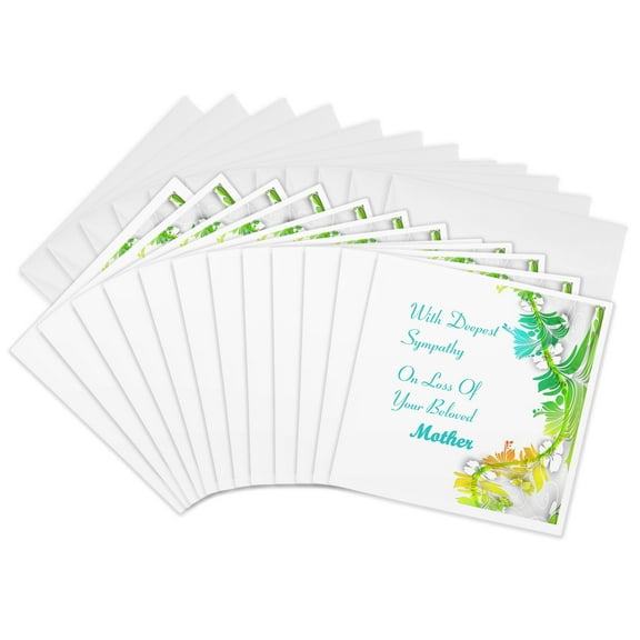 3drose, Image of Deep Sympathy for Mother with Blue Green Flourishes, 12 Greeting Cards with Envelopes