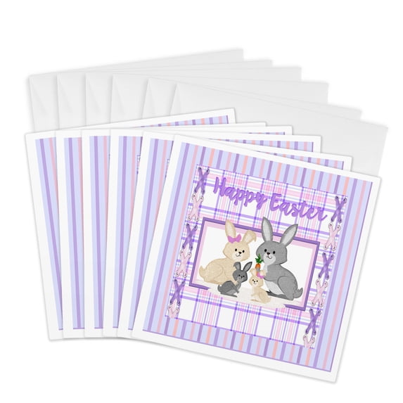 3drose, Image of Easter Bunny Family, Plaid Line Stitch Design, Purple, Pink, 6 Greeting Cards with Envelopes