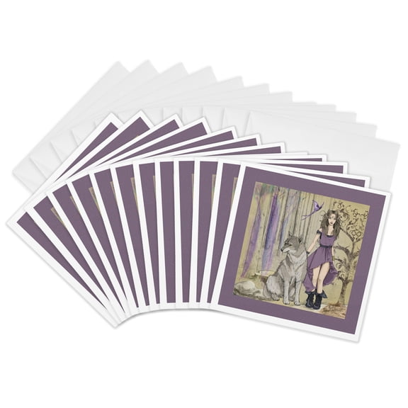 3drose, Image of Fantasy Girl Elf with Wolf at Her Side, 12 Greeting Cards with Envelopes