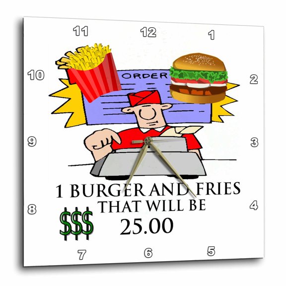 3drose, Image of Fast Food Cartoon with Prices of Burger and Fries, 15x15 Wall Clock