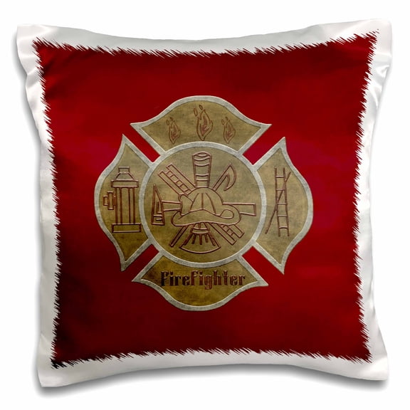 3drose, Image of Firefighter Emblem Design, Gray Ribbon Look on Red or Maroon, 16x16 inch Pillow Case