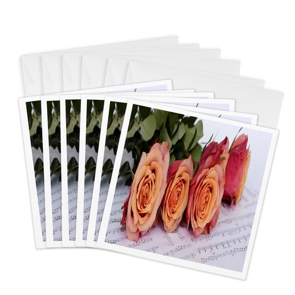 3drose, Image of Five Primrose Roses on Music Notes, 6 Greeting Cards with Envelopes