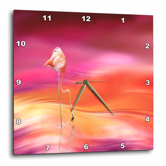 3drose, Image of Flamingo on Dreamy Pink Orange Sky and Sea, 10x10 Wall Clock