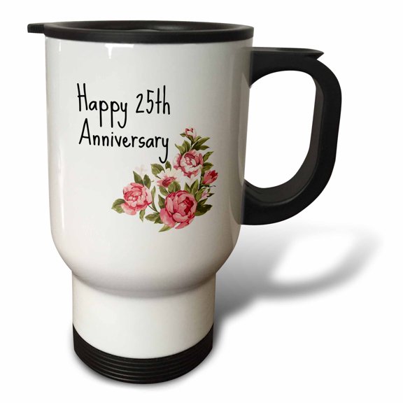 3drose, Image of Floral Happy 25th Anniversary Quote, 14oz Stainless Steel Travel Mug