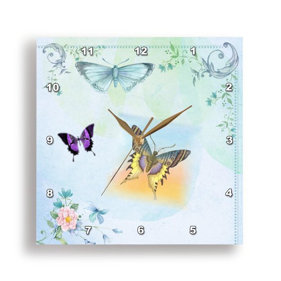 3drose, Image of Flower Scrolls and Three Butterflies Watercolor, 15x15 Wall Clock