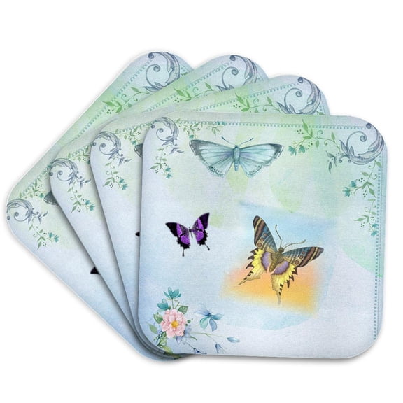 3drose, Image of Flower Scrolls and Three Butterflies Watercolor, Set of 4 Coasters - Soft