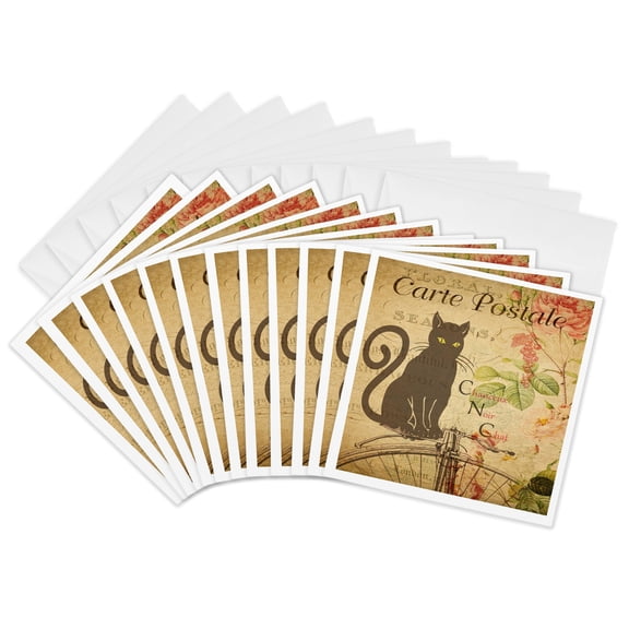 3drose, Image of French Typography Postcard with Large Brown Cat, 12 Greeting Cards with Envelopes