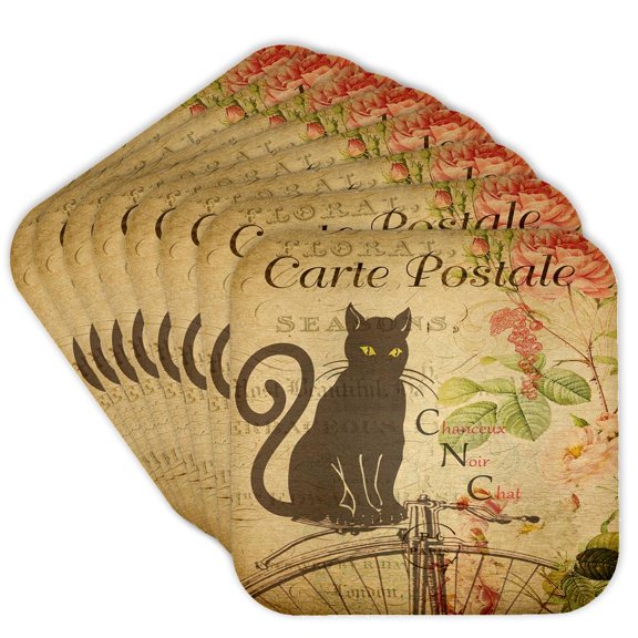 3drose, Image of French Typography Postcard with Large Brown Cat, Set of 8 Coasters - Soft