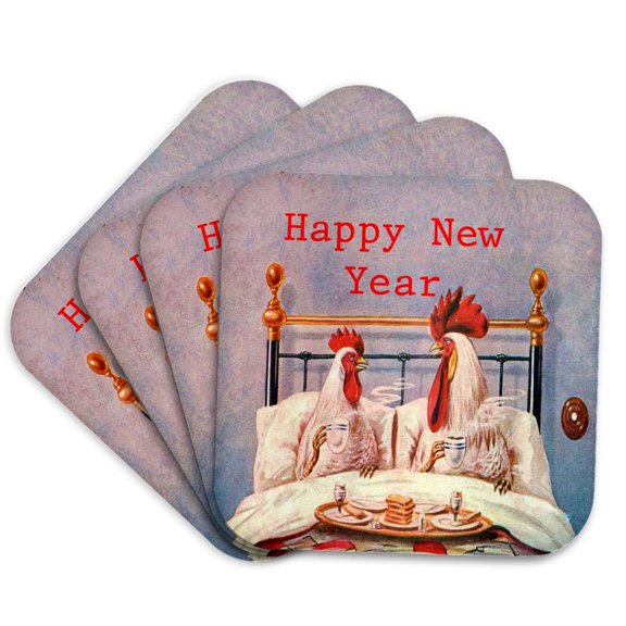 3drose, Image of Funny Vintage Roosters Wish Happy New Year, Set of 4 Coasters - Soft