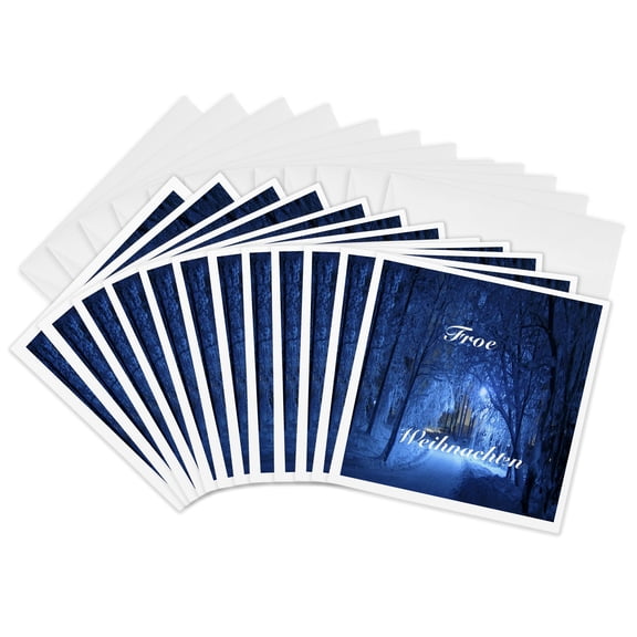 3drose, Image of German Greetings on Snowy Treed Road, 12 Greeting Cards with Envelopes