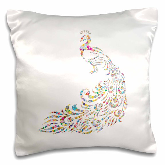 3drose, Image of Glittery Multicolor Peacock on White, 16x16 inch Pillow Case