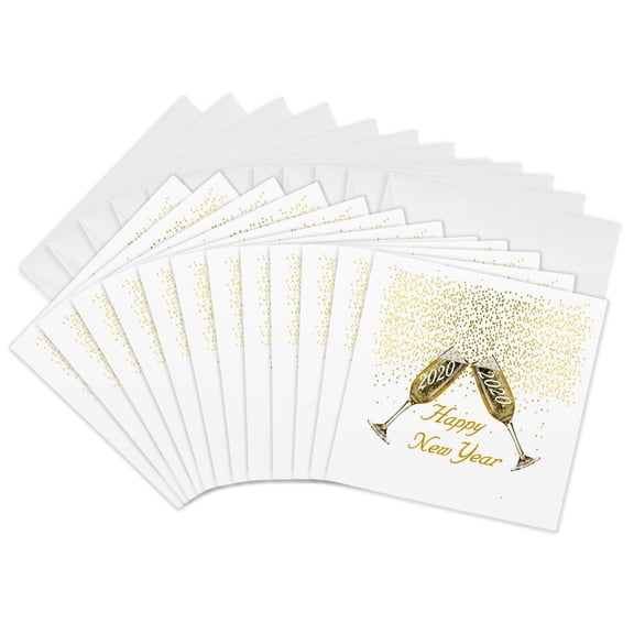 3drose, Image of Gold Glitter over Champagne Glasses with Happy New Year, 12 Greeting Cards with Envelopes