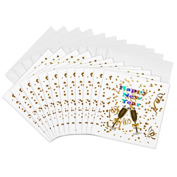 3drose, Image of Gold Glitter with Champagne Glasses Says Happy New Year, 12 Greeting Cards with Envelopes
