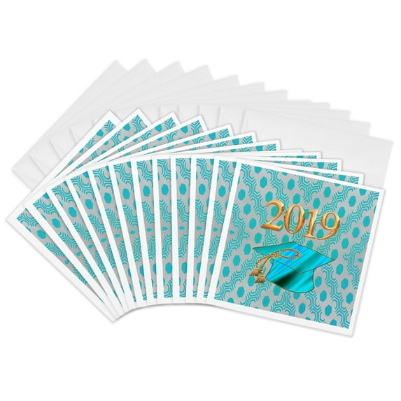 3drose, Image of Graduation Cap with Tassel, 2019, Hexagon Design, Gold, Aqua, 12 Greeting Cards with Envelopes
