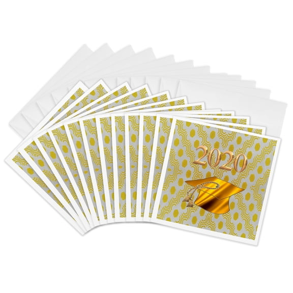 3drose, Image of Graduation Cap with Tassel, 2020, Hexagon Design, Gold, 12 Greeting Cards with Envelopes