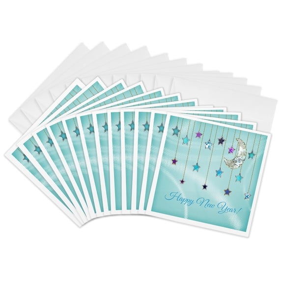3drose, Image of Happy New Year Crescent Moon and Hanging Stars, 12 Greeting Cards with Envelopes
