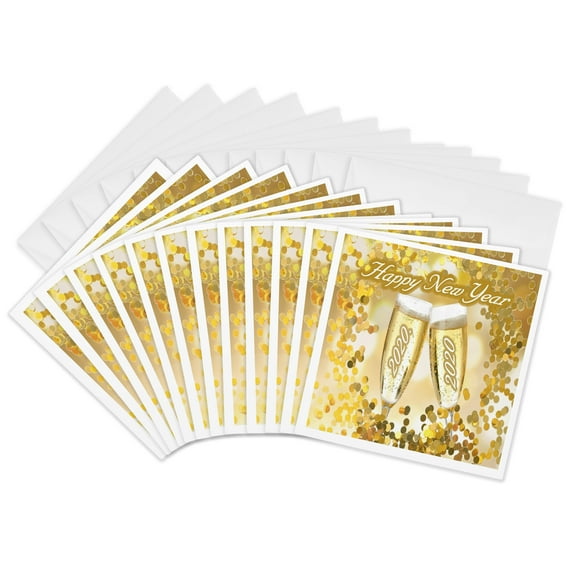 3drose, Image of Happy New Year in Gold Bubbles Words and Champagne, 12 Greeting Cards with Envelopes