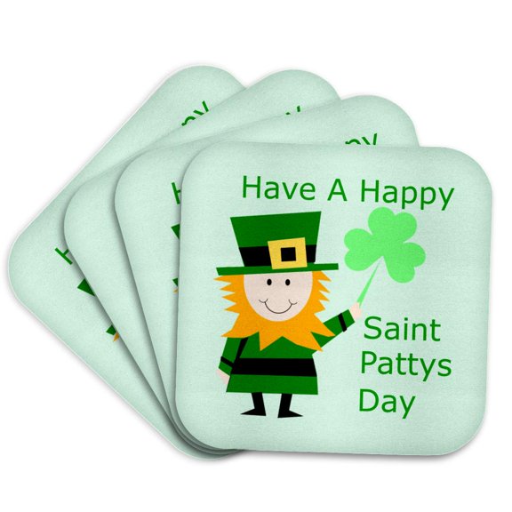 3drose, Image of Happy Saint Patricks Day Says Leprechaun with Clover, Set of 4 Coasters - Soft