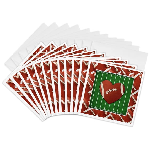 3drose, Image of Heart Shaped Football on Football Field, Football Frame, 12 Greeting Cards with Envelopes