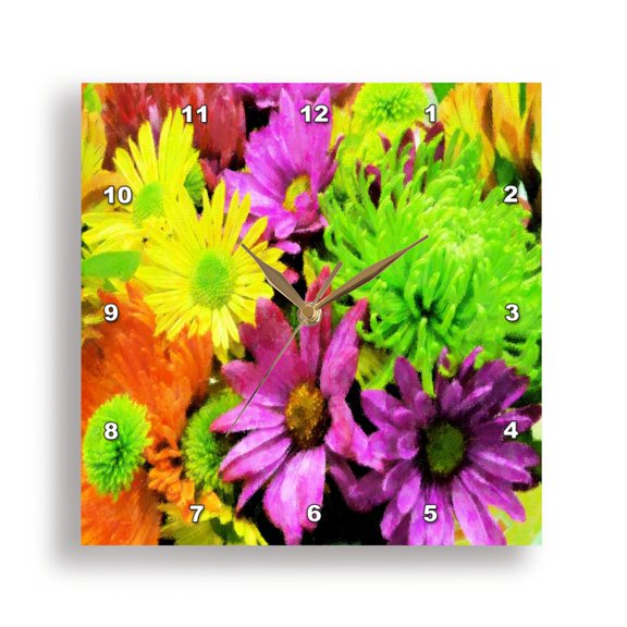 3drose, Image of Lime Purple and Yellow Daisies in Impressionist Painting, 15x15 Wall Clock