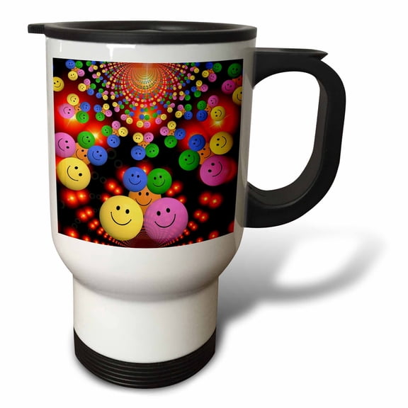 3drose, Image of Many Multi Colored Smiling Faces, 14oz Stainless Steel Travel Mug