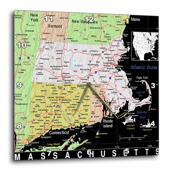 3drose, Image of Massachusetts Map with Cities and Roads in Vivid Colors, 10x10 Wall Clock