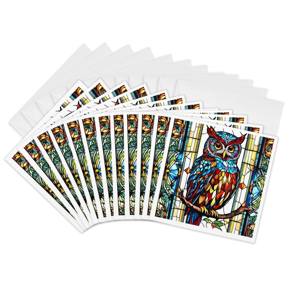 3drose, Image of Multicolor Owl in Colorful Stained Glass Window, 12 Greeting Cards with Envelopes