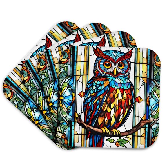 3drose, Image of Multicolor Owl in Colorful Stained Glass Window, Set of 4 Coasters - Soft