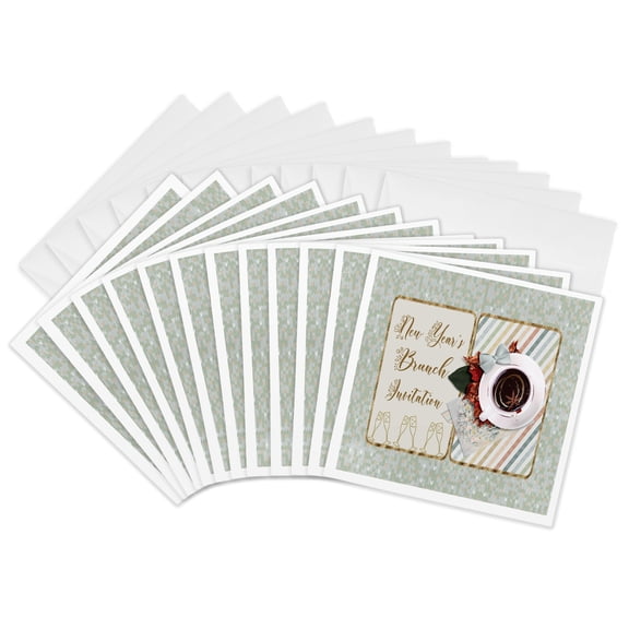3drose, Image of New Year Brunch Invitation, Tea or Coffee Cup, Leaves, Bow, 12 Greeting Cards with Envelopes