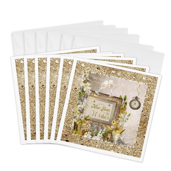 3drose, Image of New Years Wishes, Clock, Glasses, Ornaments, Candles, Gold, 6 Greeting Cards with Envelopes