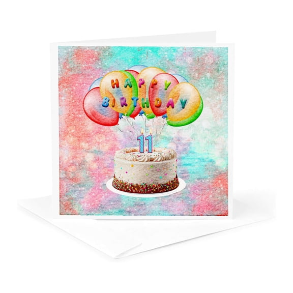 3drose, Image of Number 11 Candle on Cake, Happy Birthday, Colorful Balloons, 1 Greeting Card with Envelope