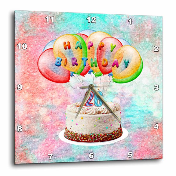 3drose, Image of Number 26 Candle on Cake, Happy Birthday, Colorful Balloons, 15x15 Wall Clock